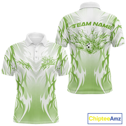 Custom Green Flame Tribal Bowling Men Polo Shirt, Bowling League Shirt Team Jersey IPHW12131