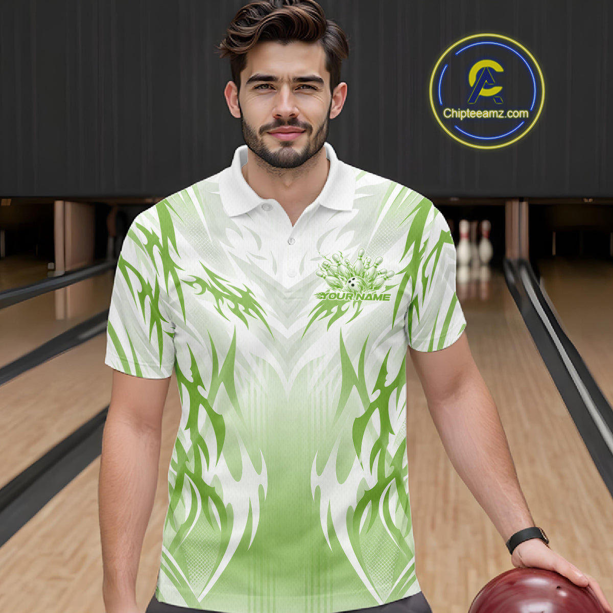 Custom Green Flame Tribal Bowling Men Polo Shirt, Bowling League Shirt Team Jersey IPHW12131