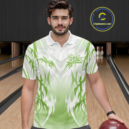 Custom Green Flame Tribal Bowling Men Polo Shirt, Bowling League Shirt Team Jersey IPHW12131