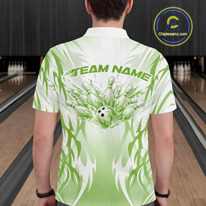 Custom Green Flame Tribal Bowling Men Polo Shirt, Bowling League Shirt Team Jersey IPHW12131