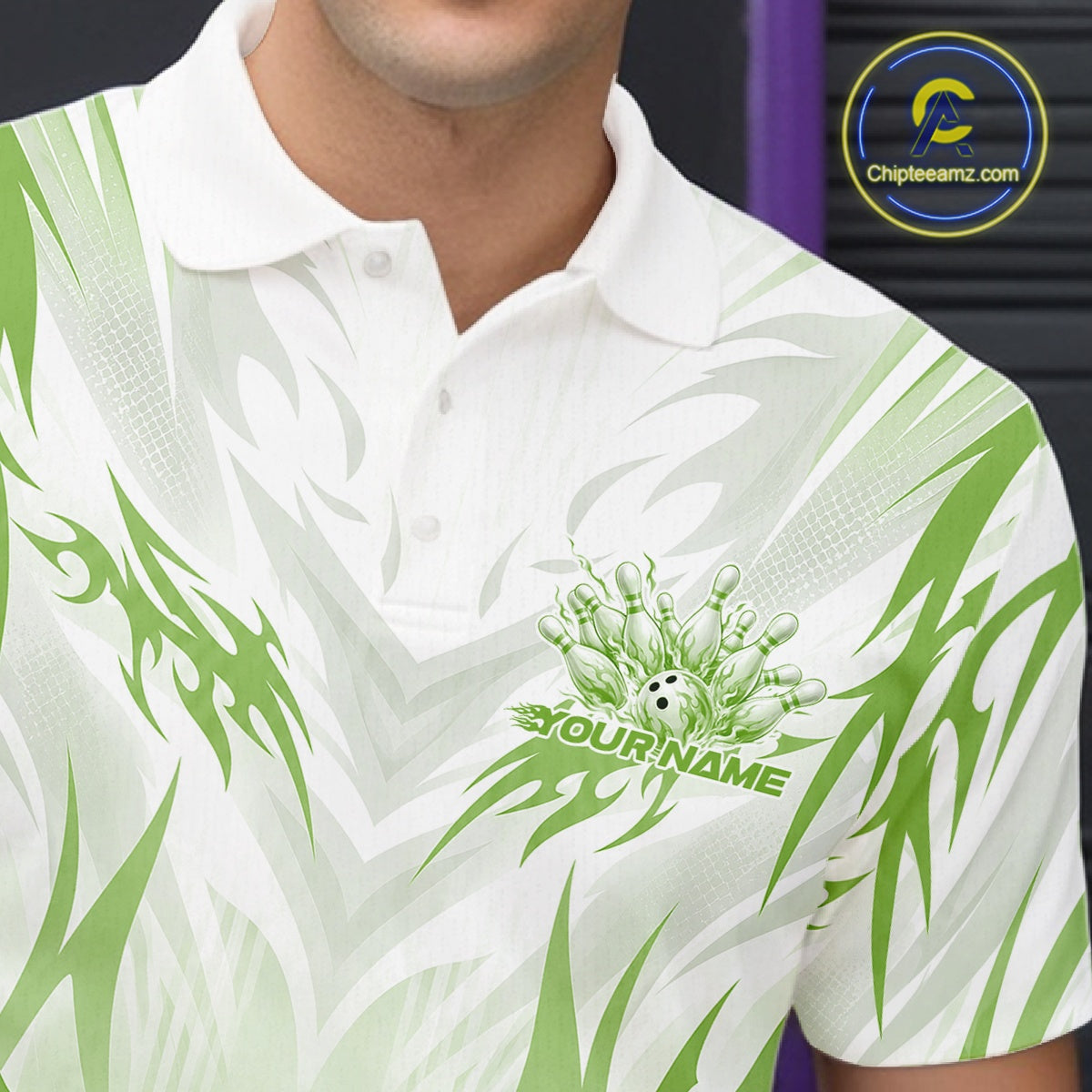 Custom Green Flame Tribal Bowling Men Polo Shirt, Bowling League Shirt Team Jersey IPHW12131