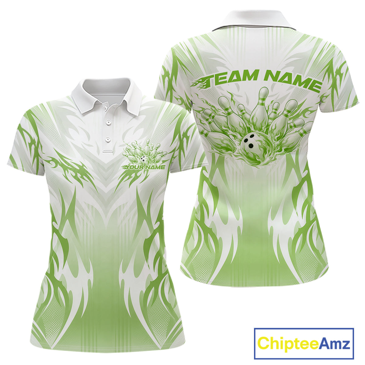 Custom Green Flame Tribal Bowling Women Polo Shirt, Bowling League Shirt Team Jersey IPHW12131