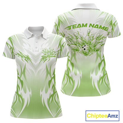 Custom Green Flame Tribal Bowling Women Polo Shirt, Bowling League Shirt Team Jersey IPHW12131