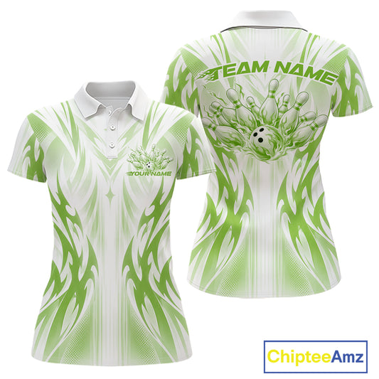 Custom Green Flame Tribal Bowling Women Polo Shirt, Bowling League Shirt Team Jersey IPHW12131