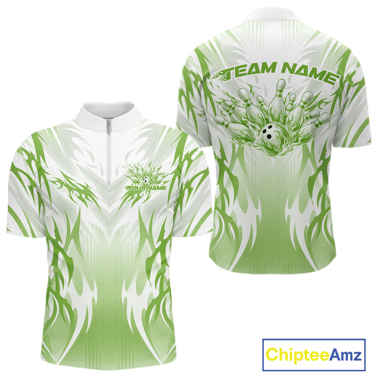 Custom Green Flame Tribal Bowling Men Quarter Zip Shirt, Bowling League Shirt Team Jersey IPHW12131