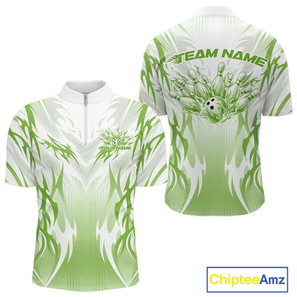 Custom Green Flame Tribal Bowling Men Quarter Zip Shirt, Bowling League Shirt Team Jersey IPHW12131
