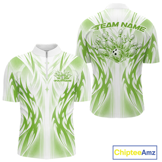 Custom Green Flame Tribal Bowling Men Quarter Zip Shirt, Bowling League Shirt Team Jersey IPHW12131