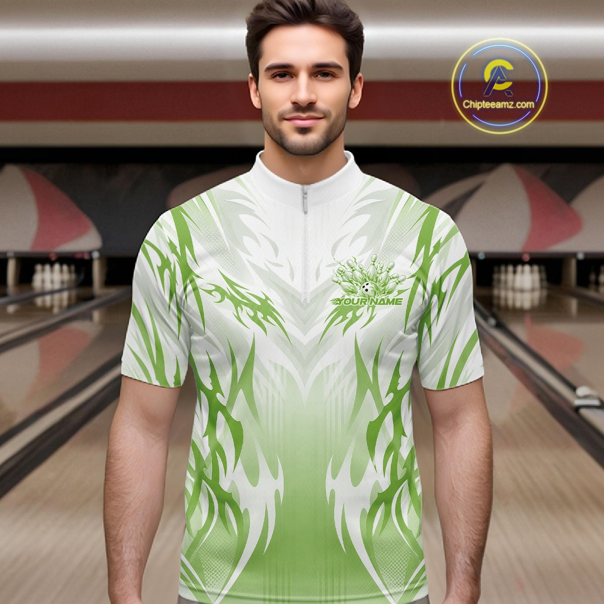 Custom Green Flame Tribal Bowling Men Quarter Zip Shirt, Bowling League Shirt Team Jersey IPHW12131