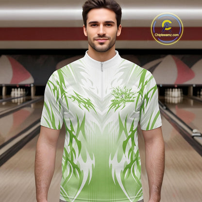 Custom Green Flame Tribal Bowling Men Quarter Zip Shirt, Bowling League Shirt Team Jersey IPHW12131