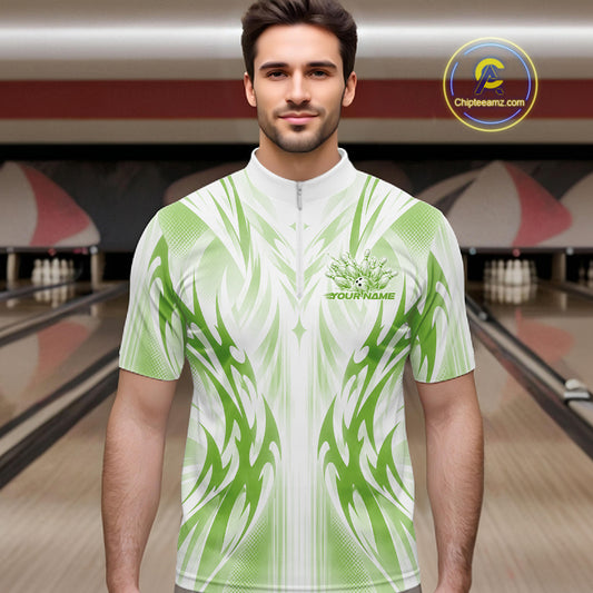 Custom Green Flame Tribal Bowling Men Quarter Zip Shirt, Bowling League Shirt Team Jersey IPHW12131