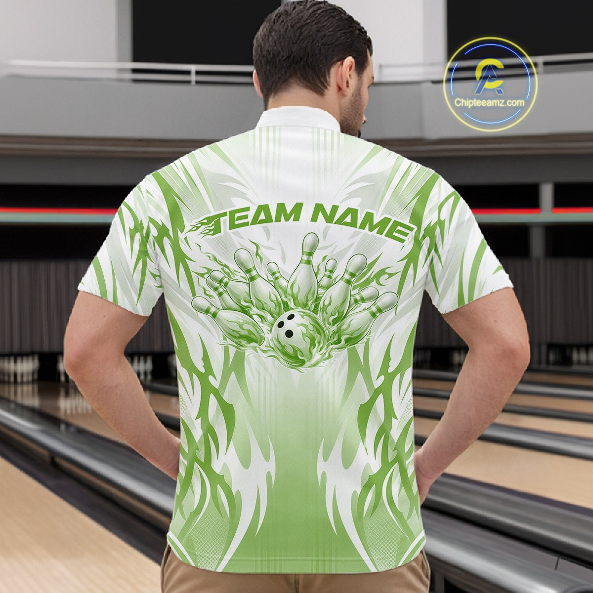 Custom Green Flame Tribal Bowling Men Quarter Zip Shirt, Bowling League Shirt Team Jersey IPHW12131
