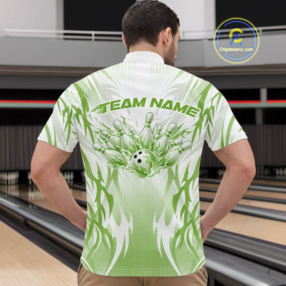 Custom Green Flame Tribal Bowling Men Quarter Zip Shirt, Bowling League Shirt Team Jersey IPHW12131