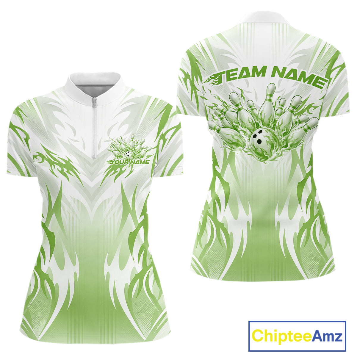 Custom Green Flame Tribal Bowling Women Quarter-Zip Shirt, Bowling League Team Shirt IPHW12131