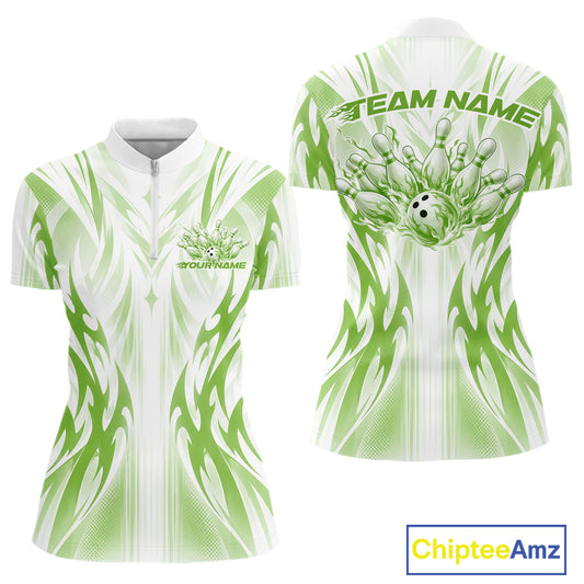 Custom Green Flame Tribal Bowling Women Quarter-Zip Shirt, Bowling League Team Shirt IPHW12131