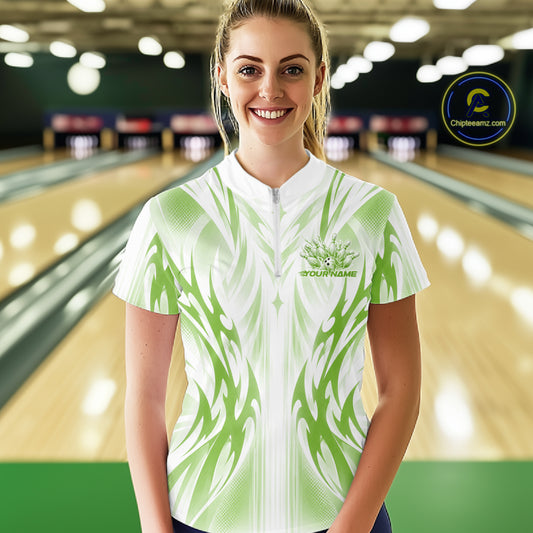 Custom Green Flame Tribal Bowling Women Quarter-Zip Shirt, Bowling League Team Shirt IPHW12131