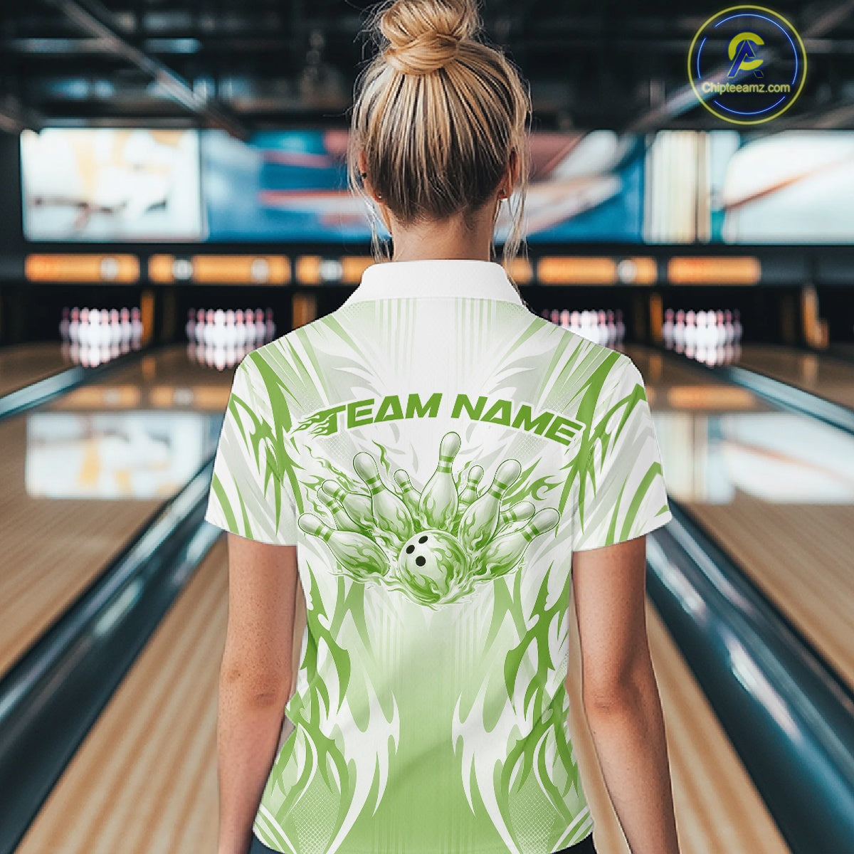 Custom Green Flame Tribal Bowling Women Quarter-Zip Shirt, Bowling League Team Shirt IPHW12131