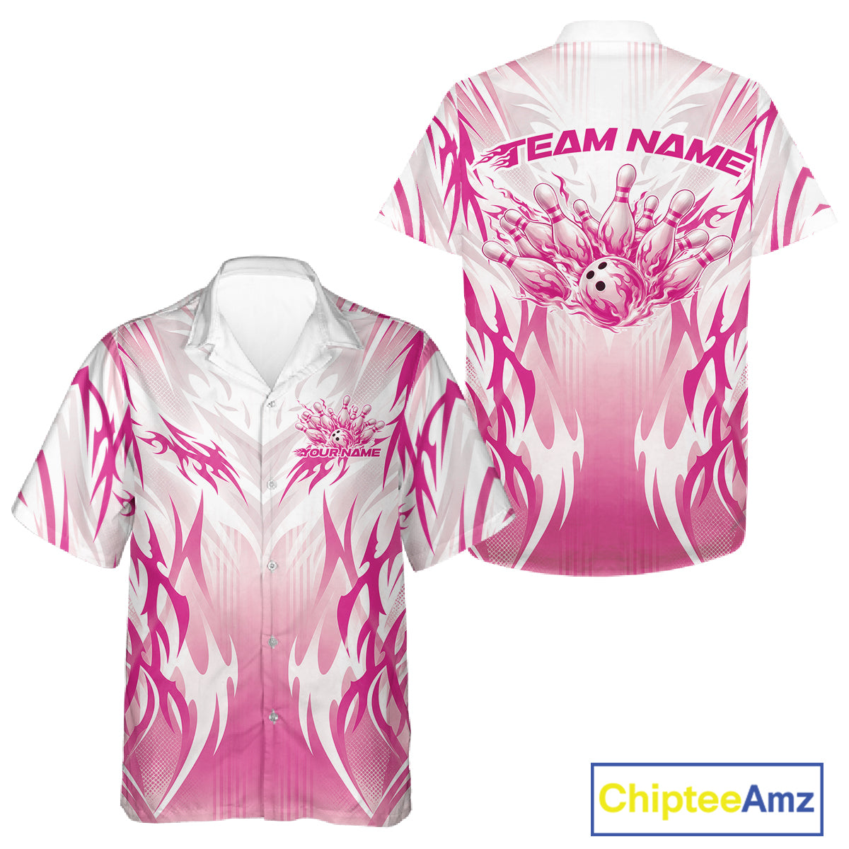 Custom Pink Flame Tribal Bowling Men And Women Button Up Shirt, Bowling League Shirt Team Jersey IPHW12132