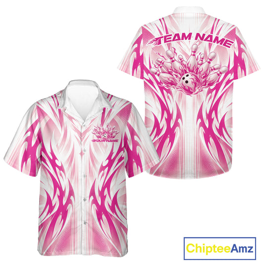 Custom Pink Flame Tribal Bowling Men And Women Button Up Shirt, Bowling League Shirt Team Jersey IPHW12132