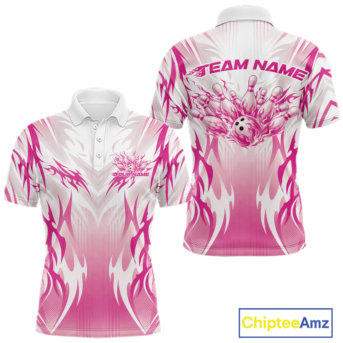 Custom Pink Flame Tribal Bowling Men Polo Shirt, Bowling League Shirt Team Jersey IPHW12132