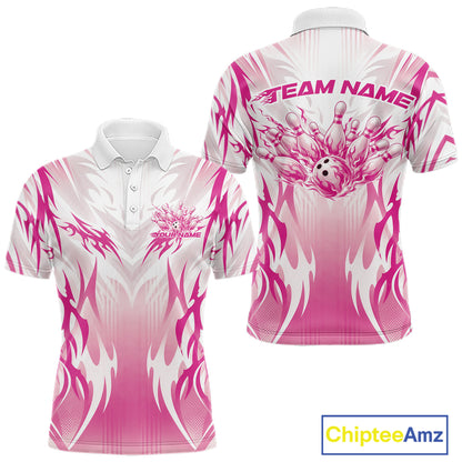 Custom Pink Flame Tribal Bowling Men Polo Shirt, Bowling League Shirt Team Jersey IPHW12132