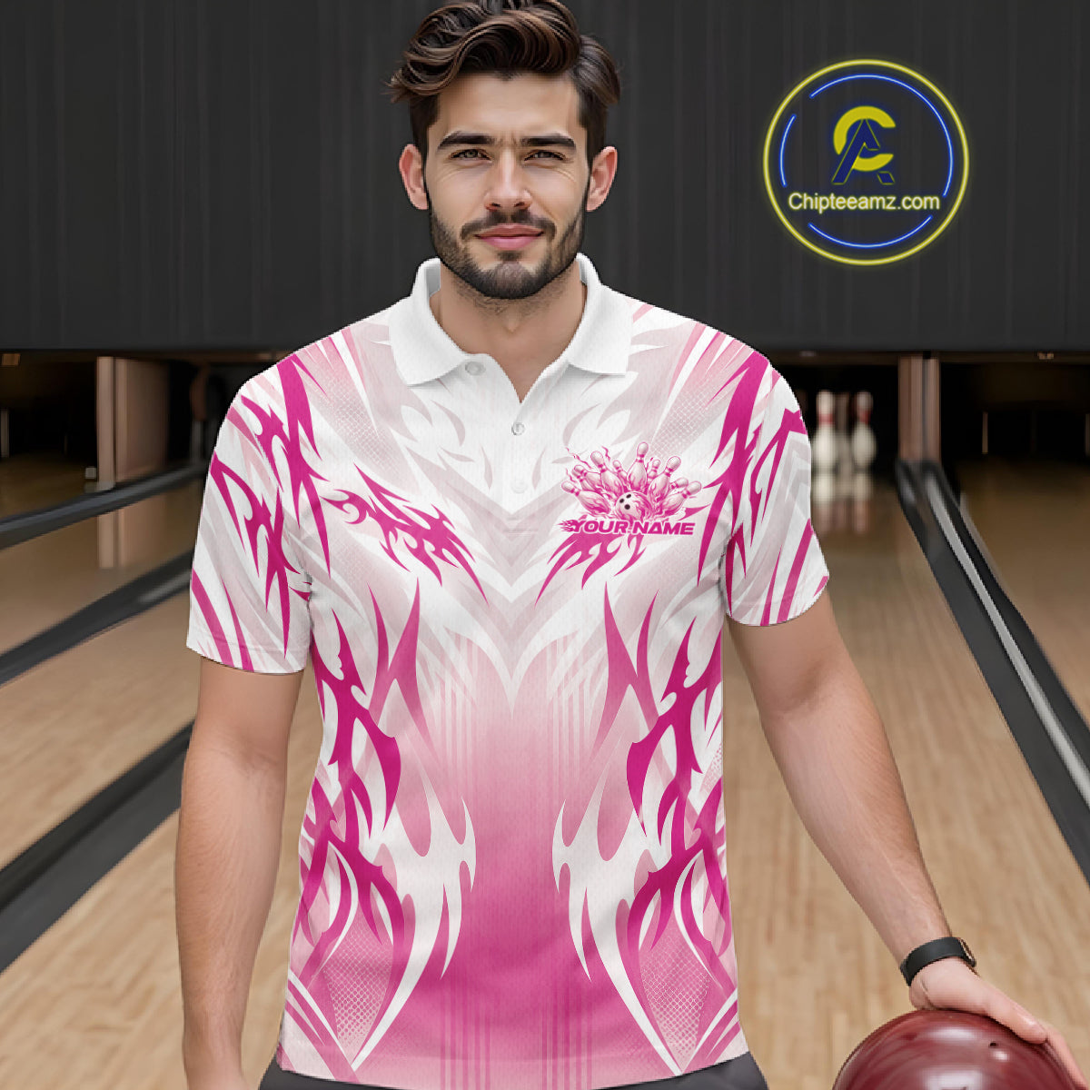 Custom Pink Flame Tribal Bowling Men Polo Shirt, Bowling League Shirt Team Jersey IPHW12132