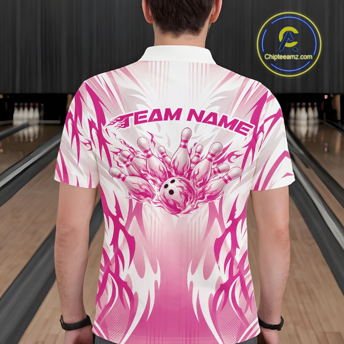 Custom Pink Flame Tribal Bowling Men Polo Shirt, Bowling League Shirt Team Jersey IPHW12132