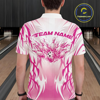 Custom Pink Flame Tribal Bowling Men Polo Shirt, Bowling League Shirt Team Jersey IPHW12132