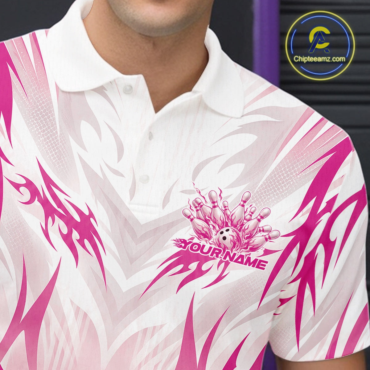 Custom Pink Flame Tribal Bowling Men Polo Shirt, Bowling League Shirt Team Jersey IPHW12132