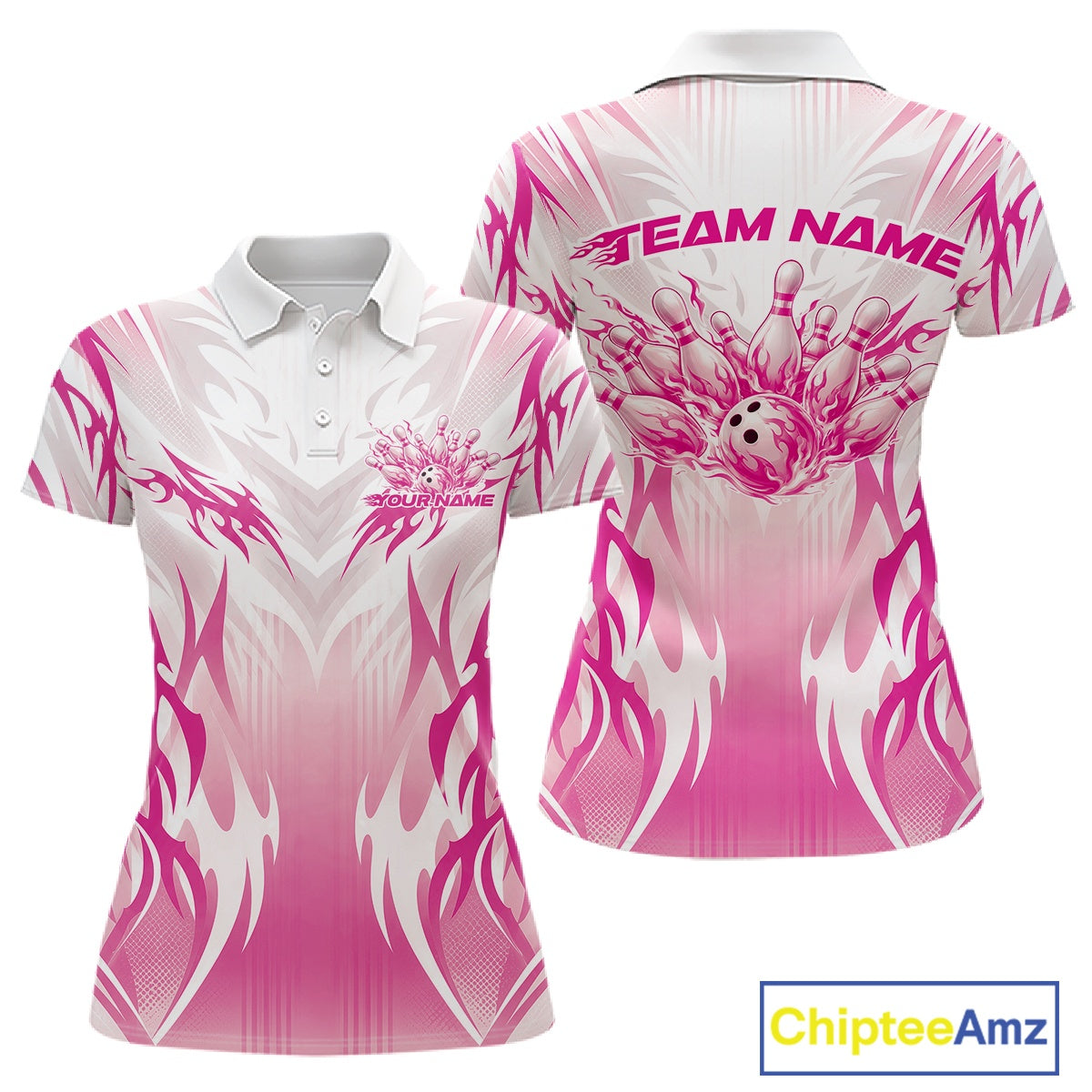 Custom Pink Flame Tribal Bowling Women Polo Shirt, Bowling League Shirt Team Jersey IPHW12132