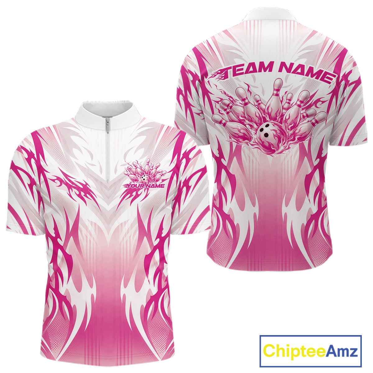 Custom Pink Flame Tribal Bowling Men Quarter Zip Shirt, Bowling League Shirt Team Jersey IPHW12132