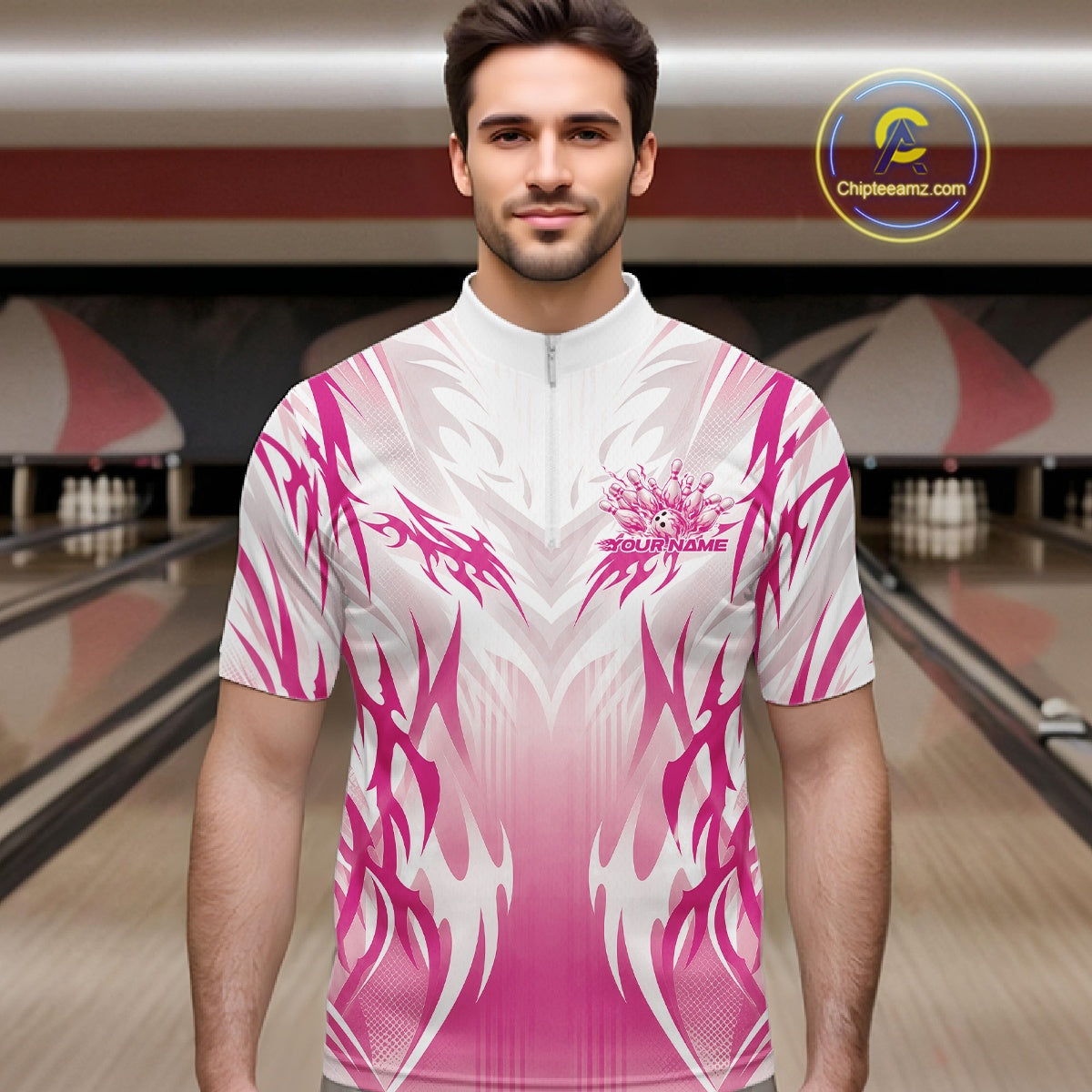Custom Pink Flame Tribal Bowling Men Quarter Zip Shirt, Bowling League Shirt Team Jersey IPHW12132