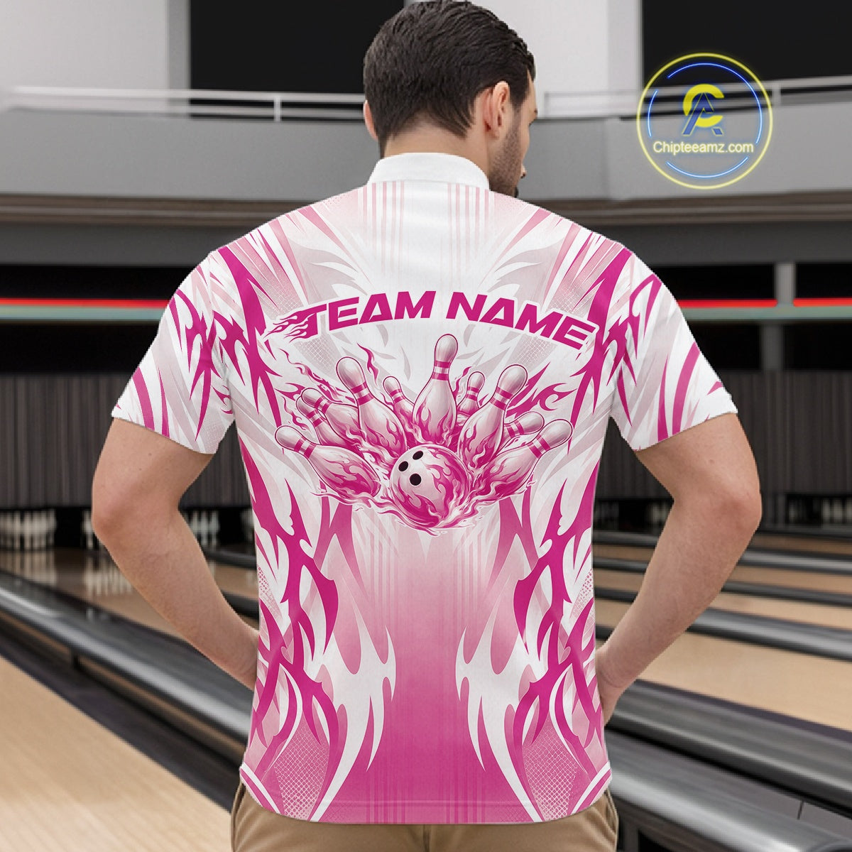 Custom Pink Flame Tribal Bowling Men Quarter Zip Shirt, Bowling League Shirt Team Jersey IPHW12132