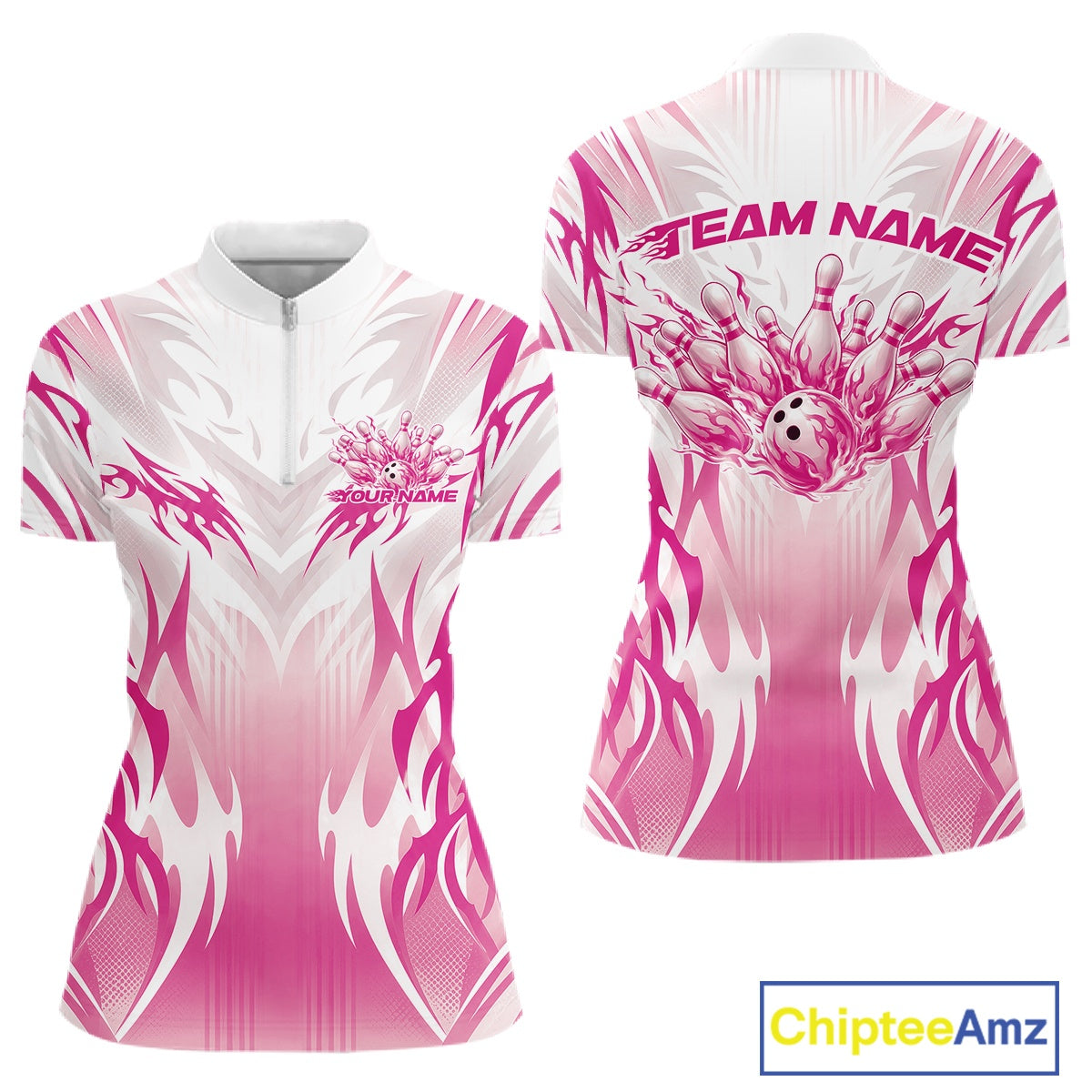Custom Pink Flame Tribal Bowling Women Quarter-Zip Shirt, Bowling League Team Shirt IPHW12132