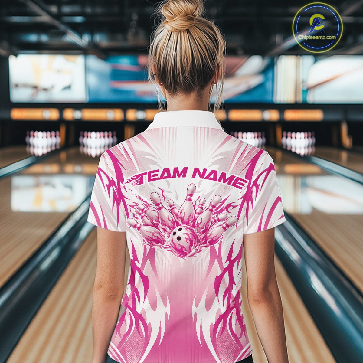 Custom Pink Flame Tribal Bowling Women Quarter-Zip Shirt, Bowling League Team Shirt IPHW12132