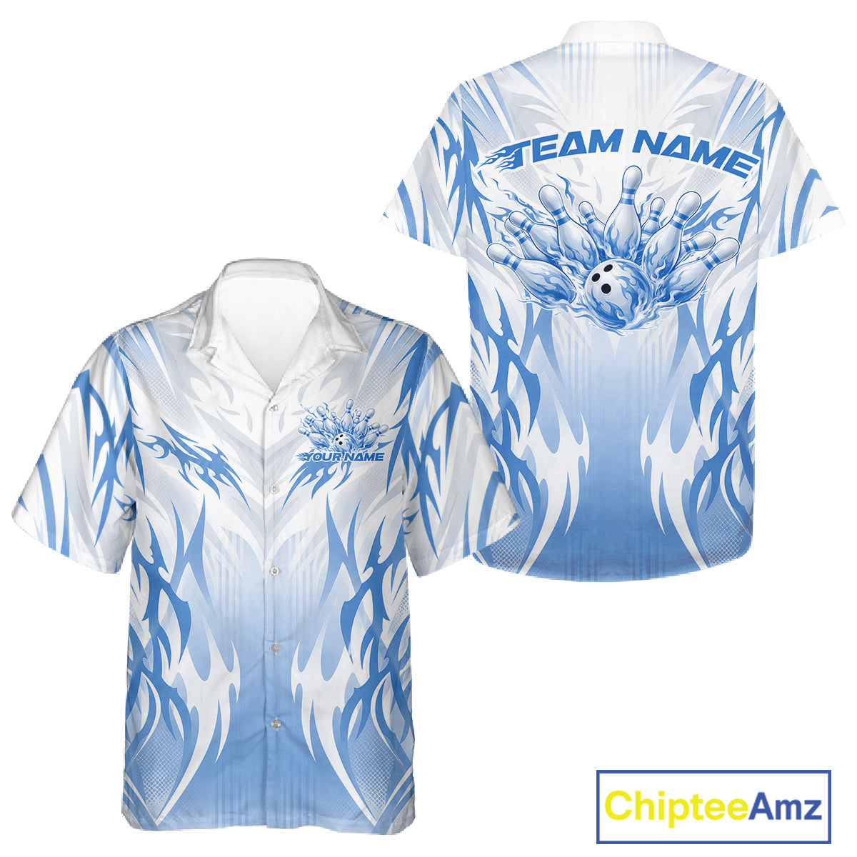 Custom Blue Flame Tribal Bowling Men And Women Button Up Shirt, Bowling League Shirt Team Jersey IPHW12133