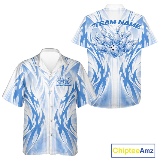 Custom Blue Flame Tribal Bowling Men And Women Button Up Shirt, Bowling League Shirt Team Jersey IPHW12133