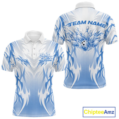 Custom Blue Flame Tribal Bowling Men Polo Shirt, Bowling League Shirt Team Jersey IPHW12133