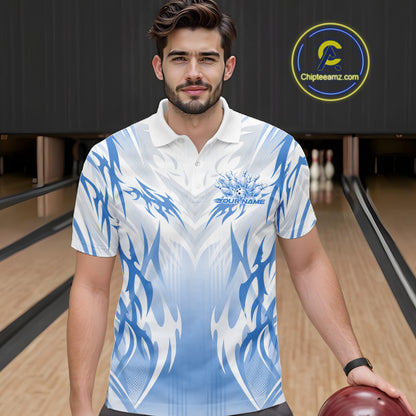 Custom Blue Flame Tribal Bowling Men Polo Shirt, Bowling League Shirt Team Jersey IPHW12133