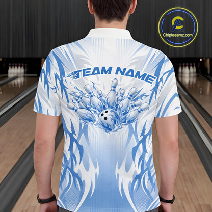 Custom Blue Flame Tribal Bowling Men Polo Shirt, Bowling League Shirt Team Jersey IPHW12133