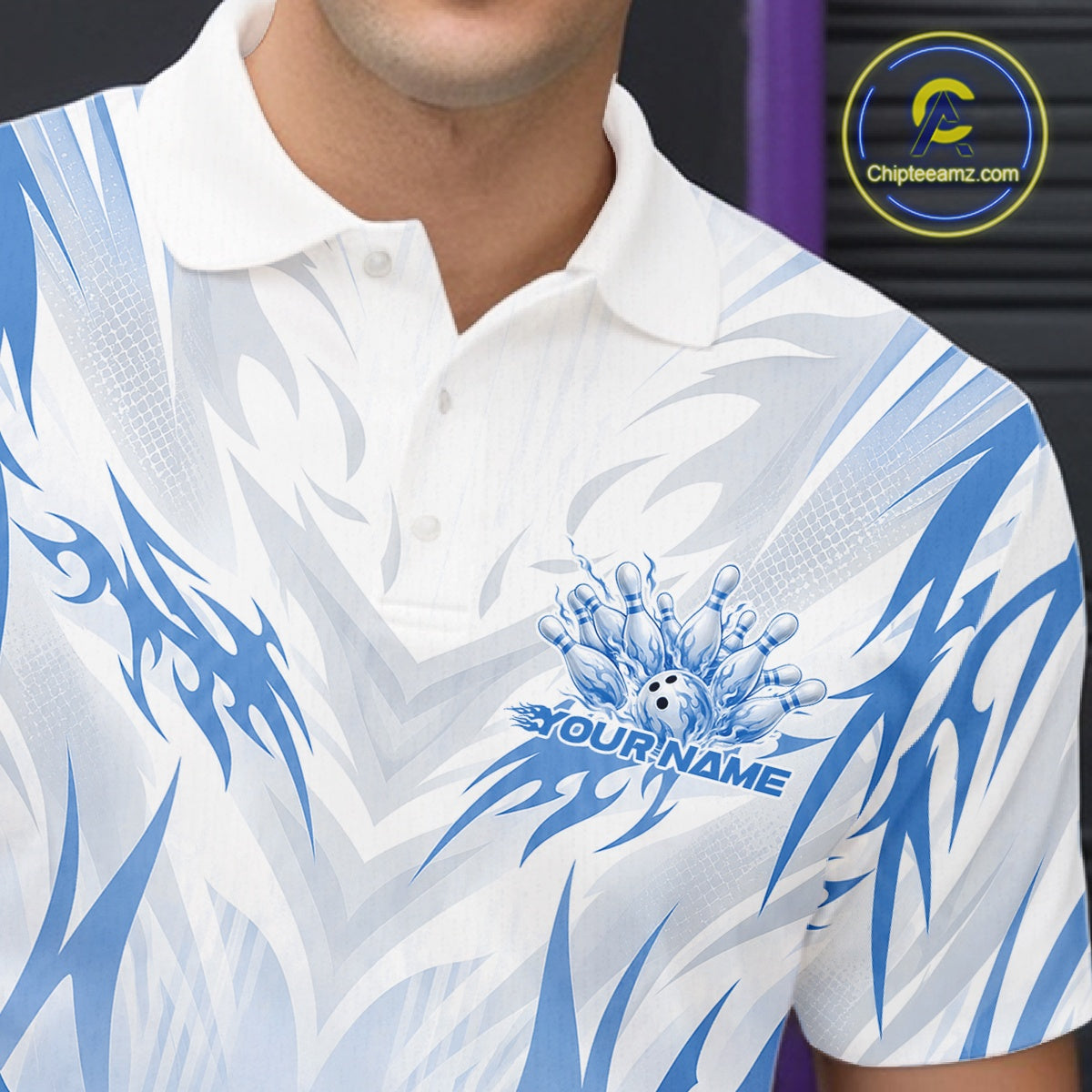 Custom Blue Flame Tribal Bowling Men Polo Shirt, Bowling League Shirt Team Jersey IPHW12133