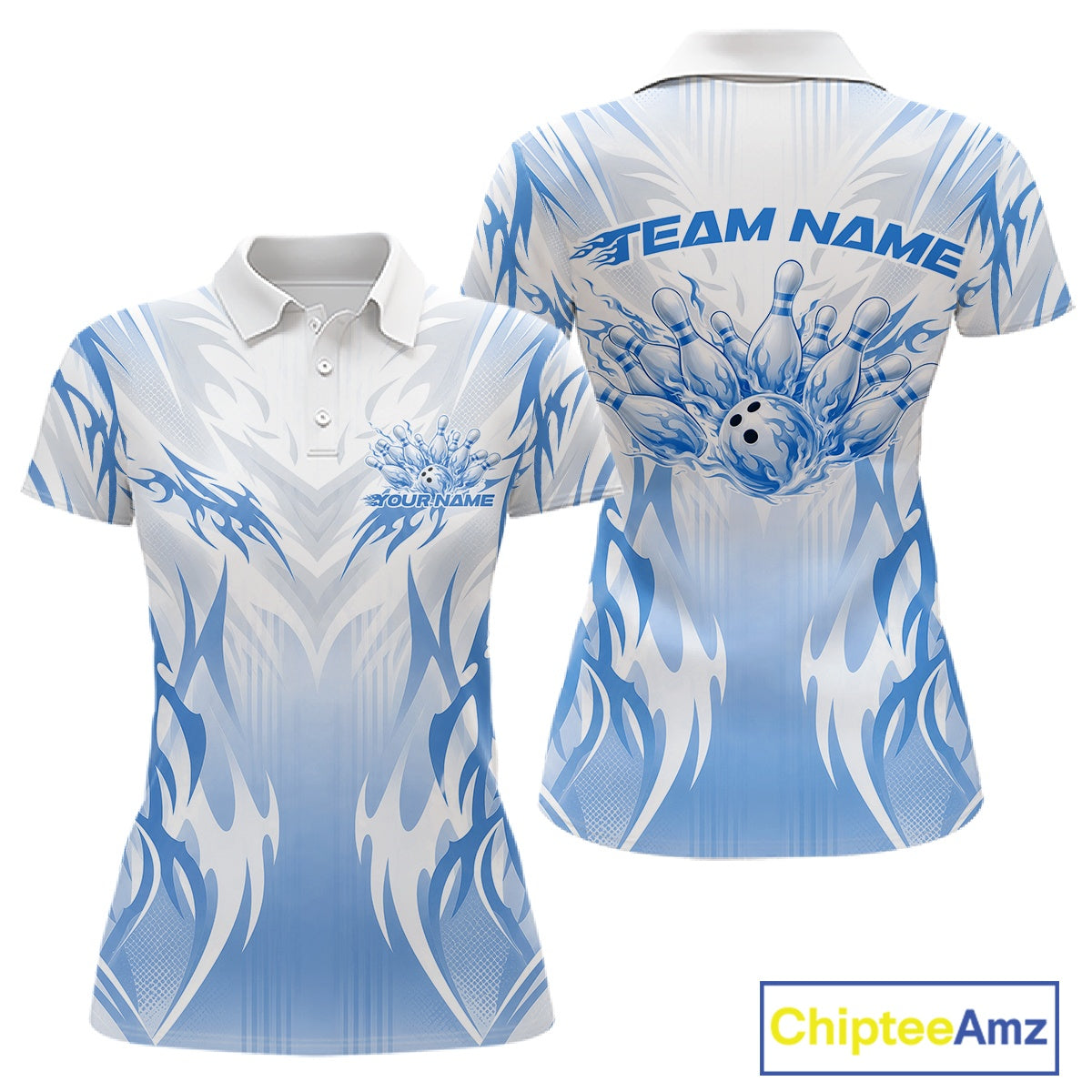 Custom Blue Flame Tribal Bowling Women Polo Shirt, Bowling League Shirt Team Jersey IPHW12133