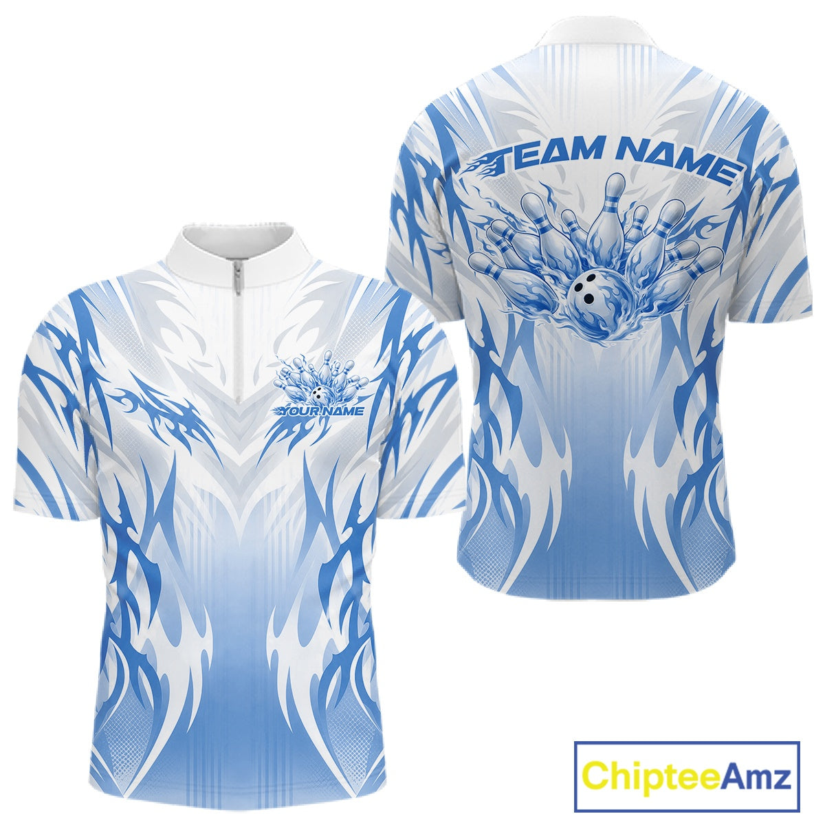 Custom Blue Flame Tribal Bowling Men Quarter Zip Shirt, Bowling League Shirt Team Jersey IPHW12133