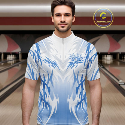 Custom Blue Flame Tribal Bowling Men Quarter Zip Shirt, Bowling League Shirt Team Jersey IPHW12133