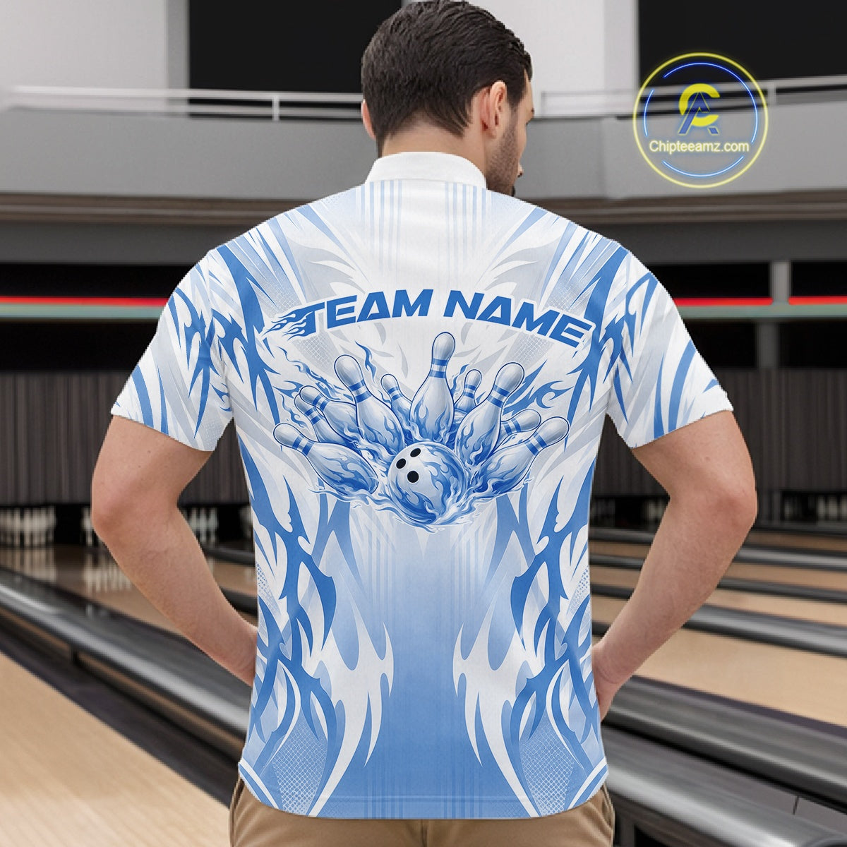 Custom Blue Flame Tribal Bowling Men Quarter Zip Shirt, Bowling League Shirt Team Jersey IPHW12133