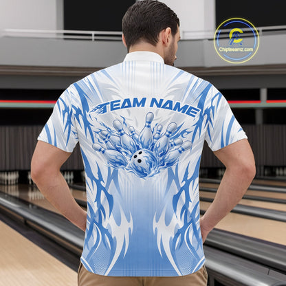 Custom Blue Flame Tribal Bowling Men Quarter Zip Shirt, Bowling League Shirt Team Jersey IPHW12133