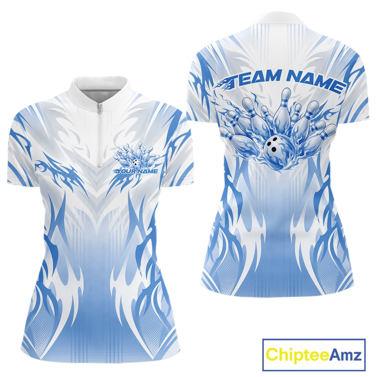 Custom Blue Flame Tribal Bowling Women Quarter-Zip Shirt, Bowling League Team Shirt IPHW12133