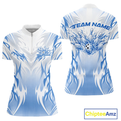 Custom Blue Flame Tribal Bowling Women Quarter-Zip Shirt, Bowling League Team Shirt IPHW12133