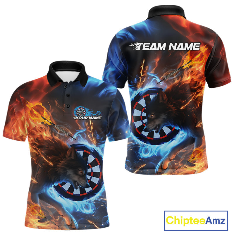 Custom Orange And Blue Smoke Flame Wolf Dart Team Men Polo Shirts, Fire Dart Jerseys IPHW10003
