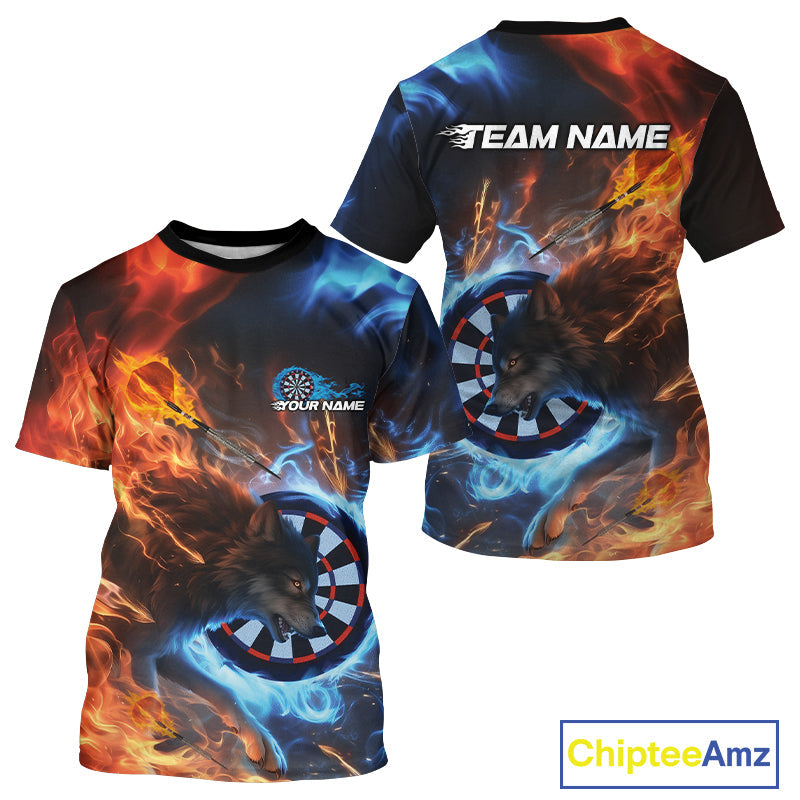 Custom Orange And Blue Smoke Flame Wolf Dart Team Men T-Shirts, Fire Dart Jerseys IPHW10003