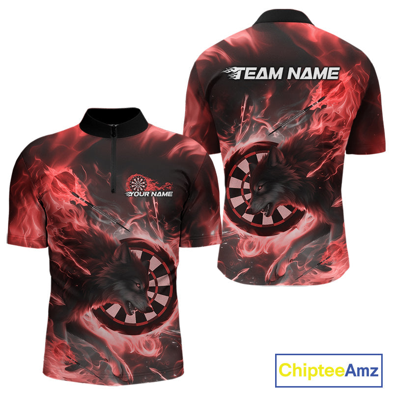 Custom Red Fire Flame Dart Wolf Men Quarter-Zip Shirts, Dart League Shirt Team Jerseys IPHW10004